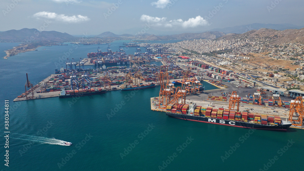 Aerial drone photo of industrial cargo container logistics terminal of Perama near commercial port of Piraeus