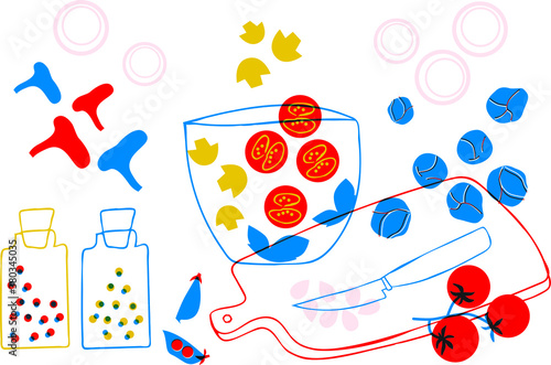 Salad still life cartoon poster illustration. vector vegetables abstract banner. Funny colored typography poster, apparel print design, restaurant menu decoration. food poster. 