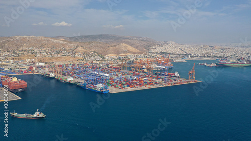 Aerial drone photo of industrial cargo container logistics terminal of Perama near commercial port of Piraeus