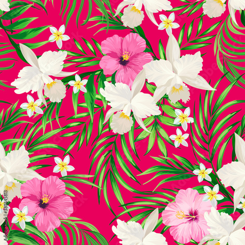 Vector tropical pattern with hibiscus flowers and exotic palm leaves. Trendy summer background. Summer floral illustration.