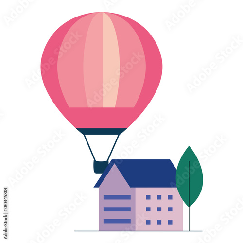 Hot air balloon house and tree design of Transportation adventure freedom journey travel up airship and trip theme Vector illustration