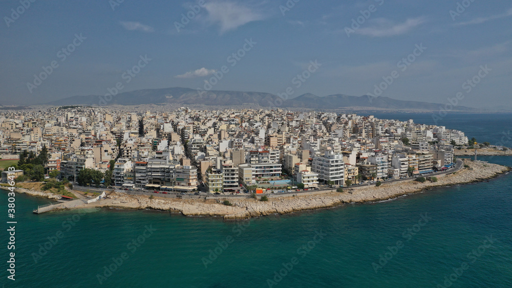 Aerial drone photo of famous dense populated district of Piraeus, Peiraiki or Freatida, Attica, Greece