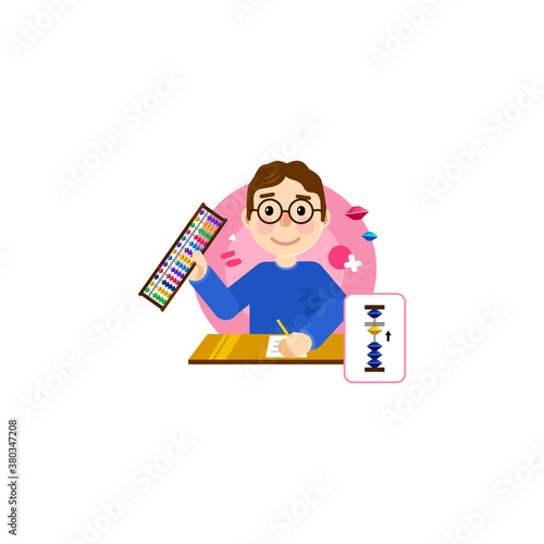The child holds an abacus in his hands. Fast counting, mental arithmetic. Children are learning. Distance learning, brain development. Vector illustration