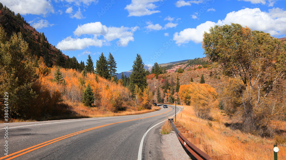 Colorful fall foliage by scenic by way 133 in rural Colorado
