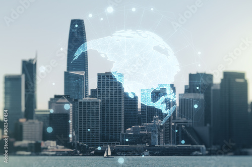 Double exposure of digital map of North America hologram on San Francisco city skyscrapers background, research and strategy concept