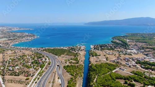 Aerial, Birds eye view of Corinth Canal and Bridge, Peloponnese, Greece 