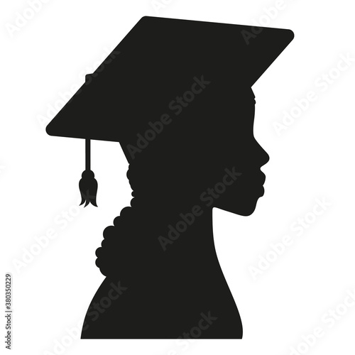 Beautiful African american college girl student, university graduate in graduation cap and gown profile avatar silhouette. Vector illustration.