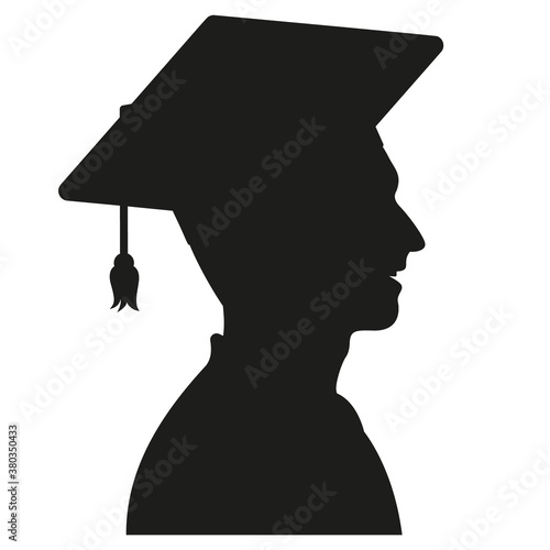 College student, university graduate in graduation cap and celebration gown profile avatar silhouette. Vector illustration.