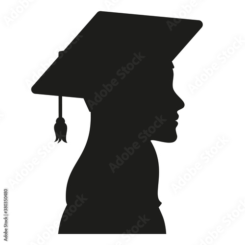 College girl student, university graduate in graduation cap and gown profile avatar silhouette. Vector illustration.