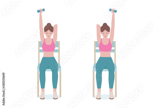 Exercises that can be done at-home using a sturdy chair.
Grab a dumbbell. Raise the one arm with a dumbbell over the head until it is fully extended.with Isolated Tricep Extensions posture. 