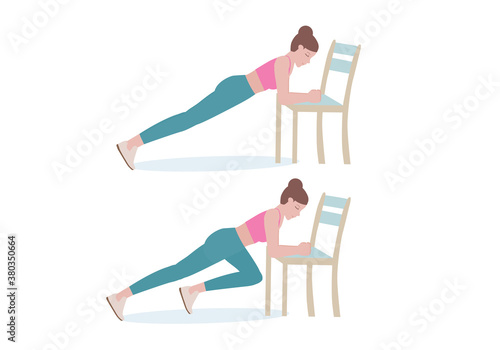 Exercises that can be done at-home using a sturdy chair. woman in pink shirt and a blue Long legs. with Plank Knee Cross posture.  Fitness and health concepts. Vector illustration in cartoon style.