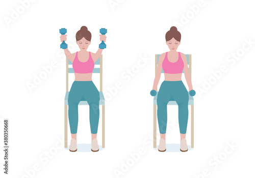 Exercises that can be done at-home using a sturdy chair.
With dumbbells, Keeping the arms straight and the palms in their facing positions, continue to move the arms up in front of the body. 