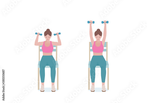 Exercises that can be done at-home using a sturdy chair.
With dumbbells, Extend the arms up, reaching above the head until they’re fully extended. with Seated Shoulder Press posture. cartoon style.