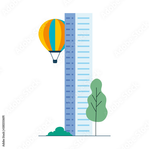 Hot air balloon with city building and tree design of Transportation adventure freedom journey travel up airship and trip theme Vector illustration
