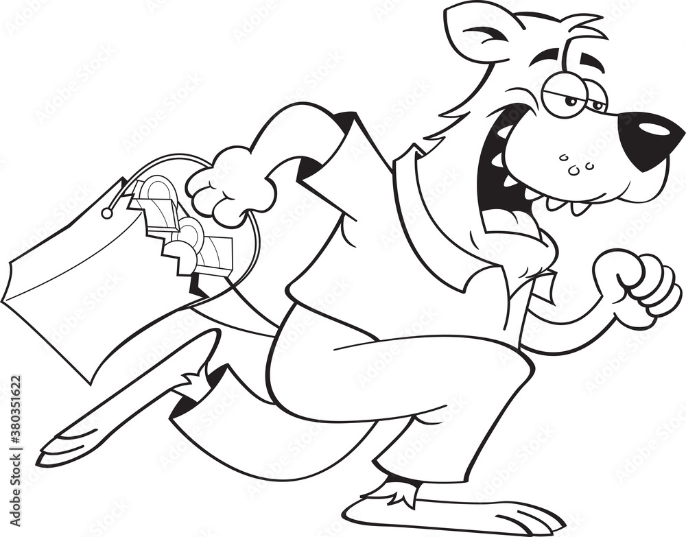 Black and white illustration of a werewolf running while holding a trick or treat bag.