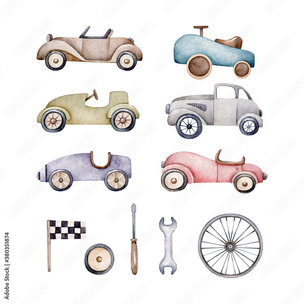 Watercolor set of retro cars.Toy car Stock Adobe Stock