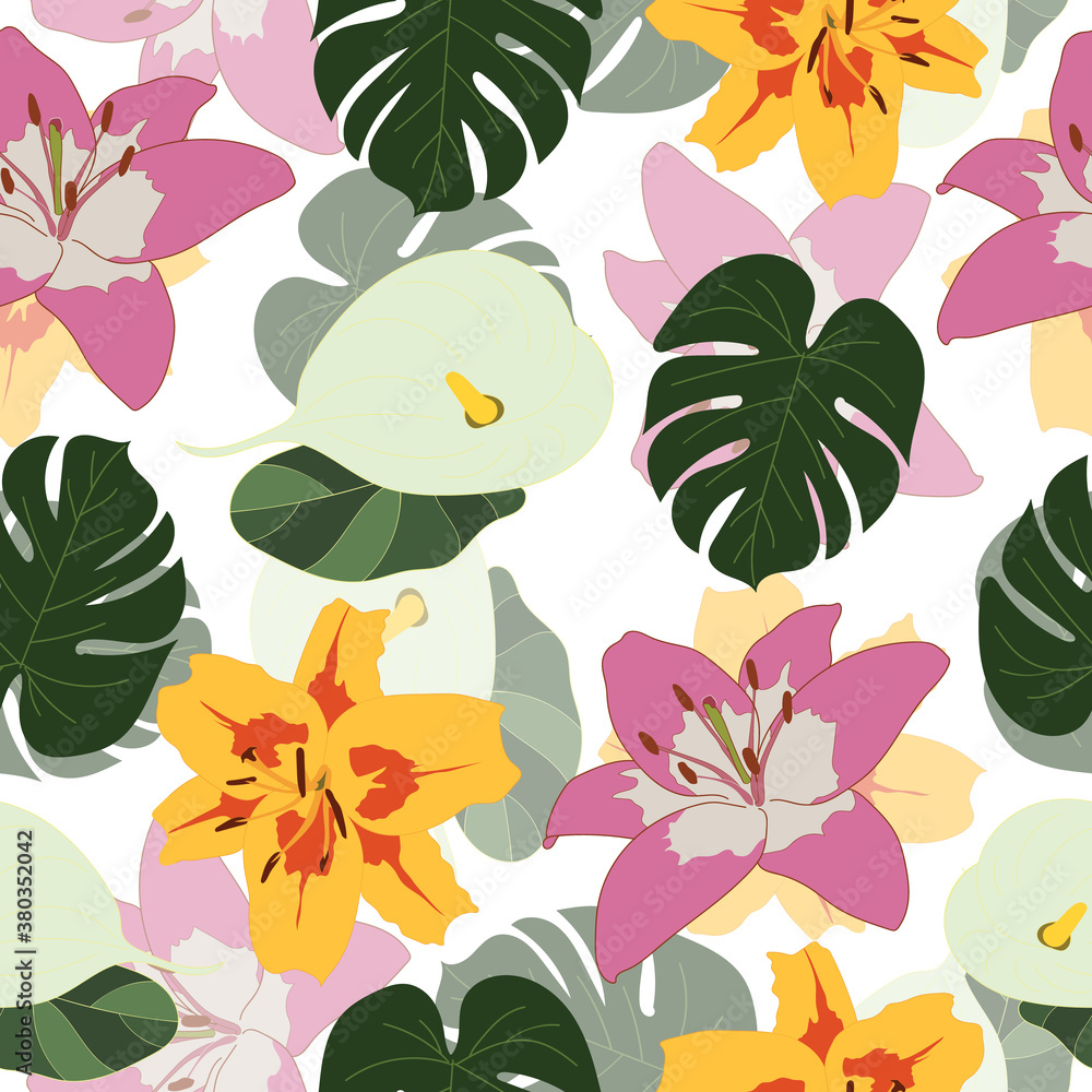 Fototapeta premium Lilies, tropical leaves floral seamless pattern vector design