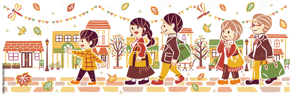 Fototapeta 秋の紅葉の街並みを旅行する三世代家族