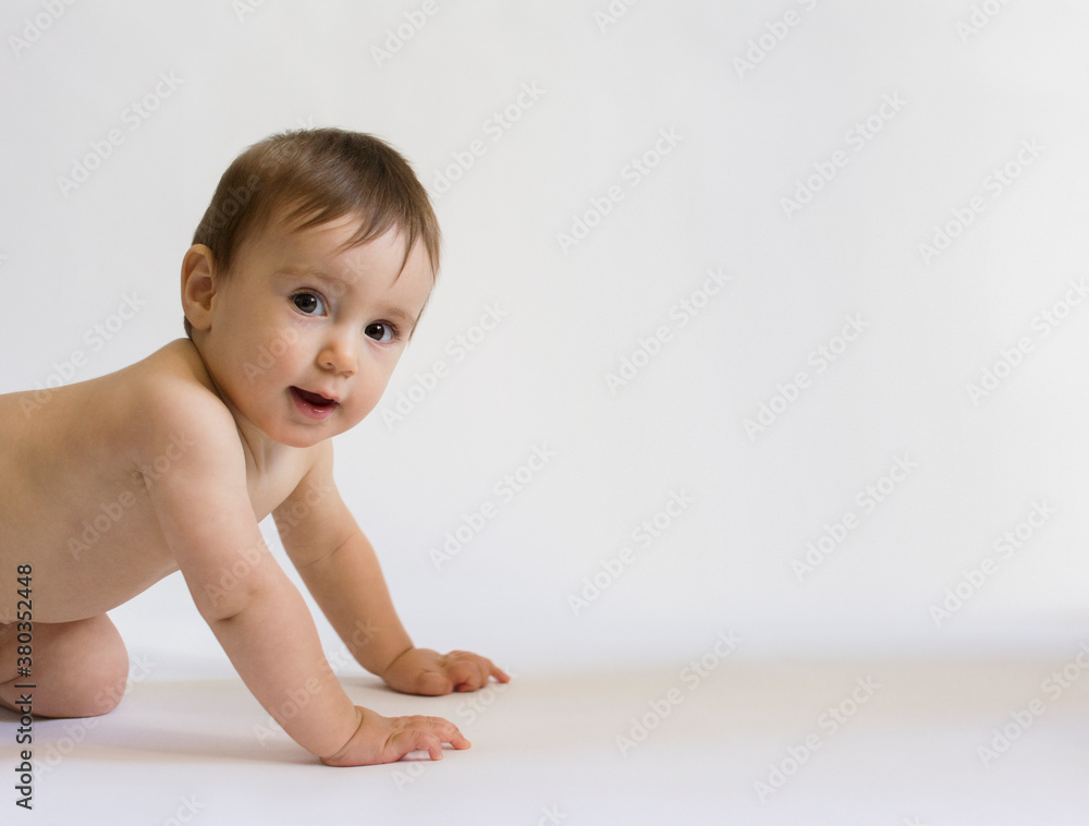 Portrait of baby girl (12-17 months) crawling on white background Portrait of baby girl (12-17 months) crawling on white background