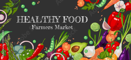 Healthy vegetables of farmers market. Organic vegetarian food banner. Bright juicy garden vegetables on a chalkboard or dark background. A new crop of tomatoes, bell peppers, cabbage, onions, avocados