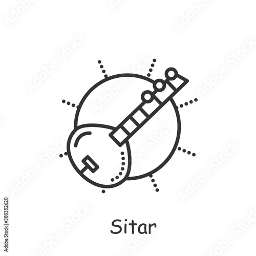 Sitar line icon. Indian traditional string musical instrument. Indian classical music. Hindu music. Indian culture, esthetics, traditions and customs. Isolated vector illustration. Editable stroke 