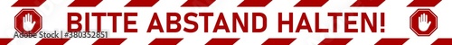 Bitte Abstand halten ("Please Keep Your Distance" in German) Wait Here Social Distancing Floor Marking Stripe Tape Icon for Queue Line with Text, Stop Sign and an Aspect Ratio of 10:1. Vector Image.