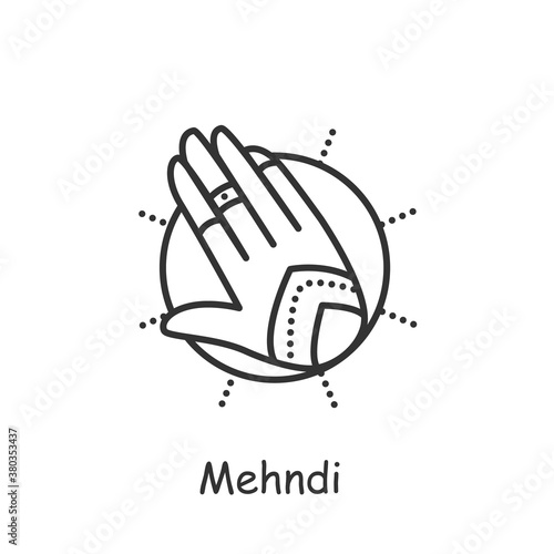Mehndi line icon. Ethnic oriental henna patterns on hand. Indian bridal ornaments. Henna tattoo. Element yoga mudra hand. Indian culture and traditions. Isolated vector illustration. Editable stroke