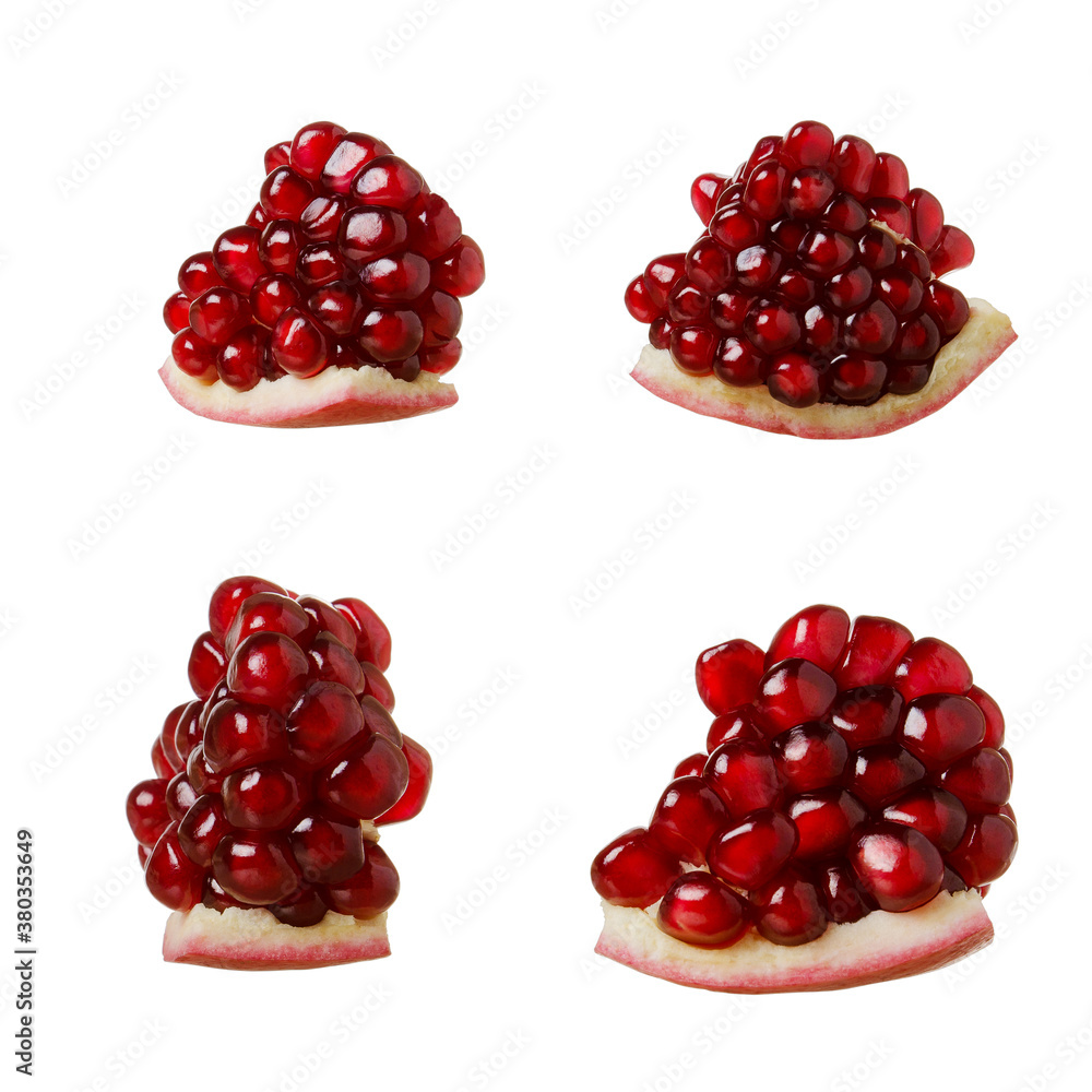 Pomegranate fruit pieces with ripe red grains set isolated on white background Pomegranate fruit pieces with ripe red grains set isolated on white background