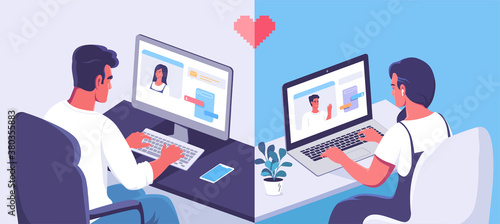 Young couple woman and man communicating online on computers