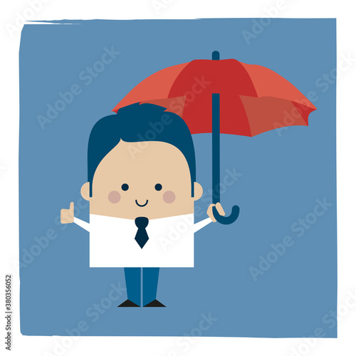 businessman under an umbrella insurance - Kawaii cartoon character business illustration