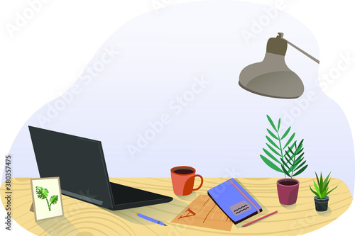 Workspace vector illustration. Office. Work table, laptop, personal computer. Freelance routine. Mockup workspace desk and copy space books,plant and coffee on wood desk. Modern interior.