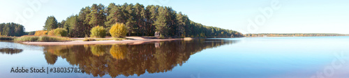 Photography Panoramic view of the forest island, pond or lake