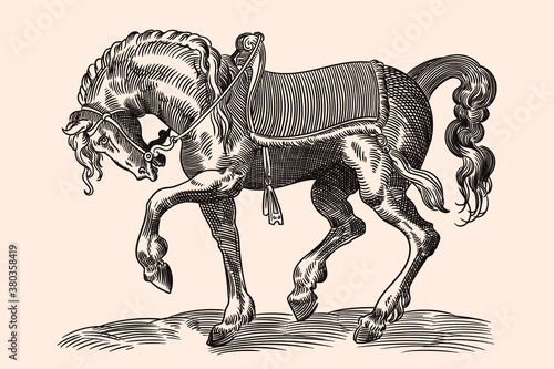 Galloping horse with harness and saddle isolated on beige background. Vector image imitating medieval engraving.