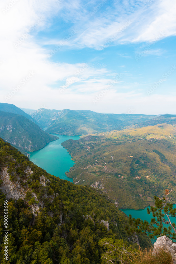 Tara National Park, Serbia. Viewpoint Banjska Stena. View at Drina river canyon and lake Perucac