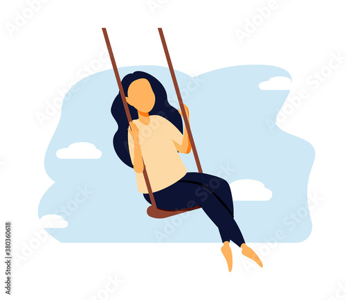 Love and time for yourself. Happy woman, self care, slow life concept. Cute girl with long hair sitting on swing. Young smiling mother takes break and relaxes. Wellbeing, body care vector illustration