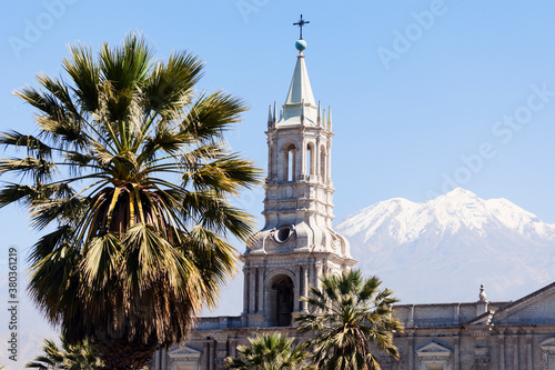 Basilica Cathedral of Arequipa and El Misti Volcano photo