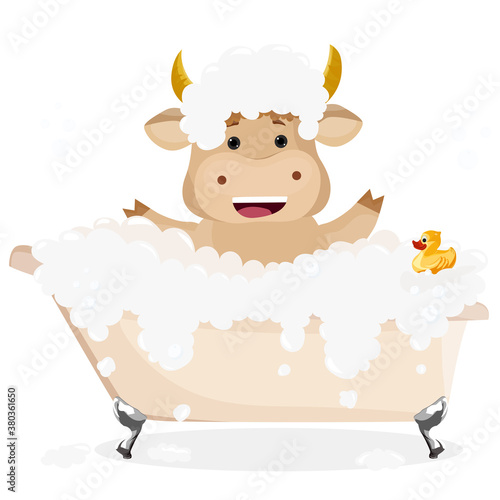 Bull taking a bath. Vector illustration. 