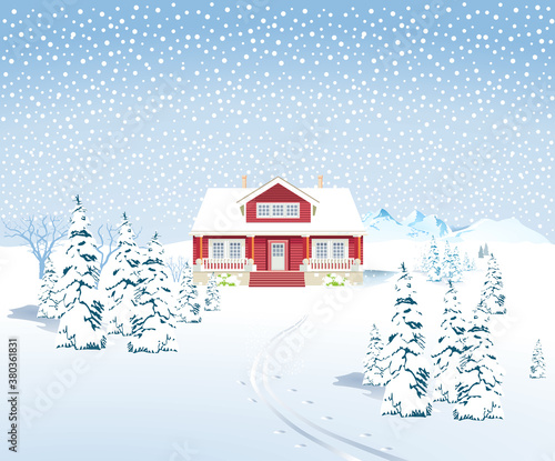Winterlandschaft mit Landhaus      Vektor Illustration 