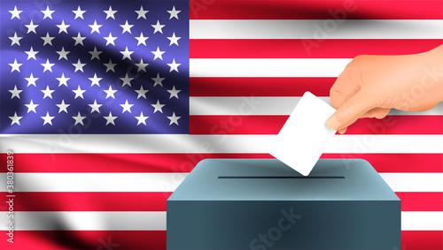 Male hand puts down a white sheet of paper with a mark as a symbol of a ballot paper against the background of the America flag, USA the symbol of elections