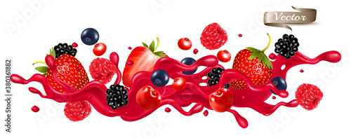 Red berry juice splash wave. Whole and sliced strawberry, raspberry, cherry, blueberry and blackberry in a sweet syrup wave with splashes and drops isolated on transparent background. 3D. Vector.