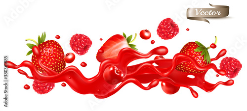 Red berry juice splash wave. Whole and sliced strawberry, raspberry, cherry, blueberry and blackberry in a sweet syrup wave with splashes and drops isolated on transparent background. 3D. Vector.
