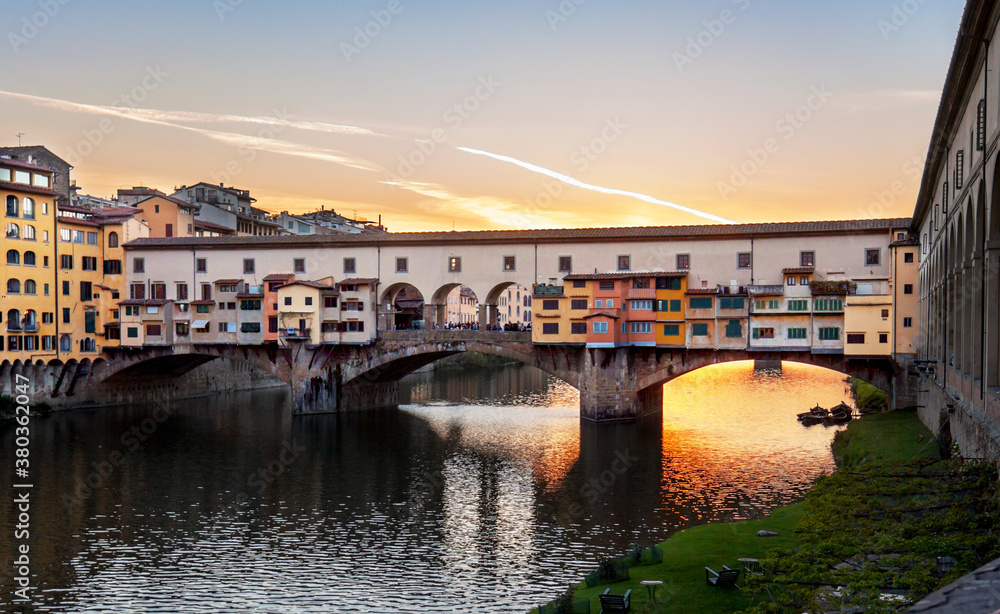 Florence, Italy: Ponte Vecchio over the Arno river at sunset
