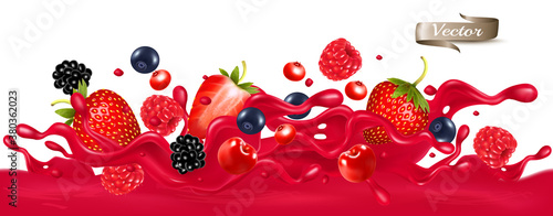 Fototapeta Naklejka Na Ścianę i Meble -  Red berry juice splash wave. Whole and sliced strawberry, raspberry, cherry, blueberry and blackberry in a sweet juce wave with splashes and drops isolated on transparent background. 3D. Vector.