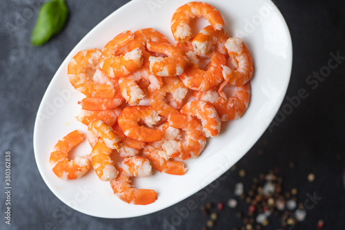 shrimp ready to eat prawn boiled or fried seafood without shell on the table top view  copy space for text diet pescetarian food background rustic