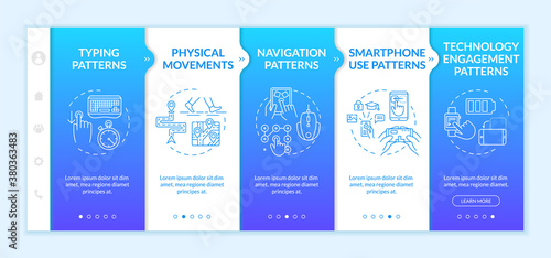 Behavior metrics elements onboarding vector template. Ways to identificate people. Person behavior types. Responsive mobile website with icons. Webpage walkthrough step screens. RGB color concept