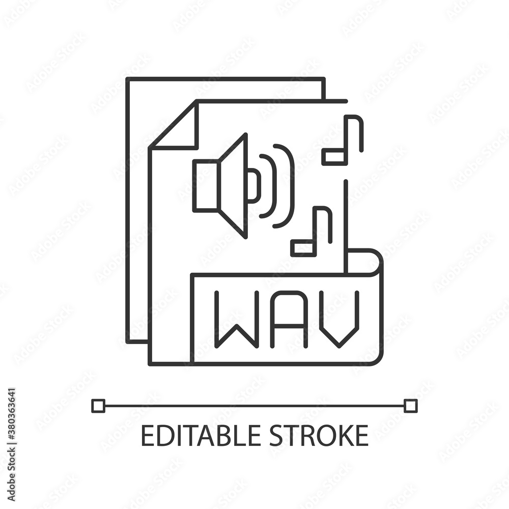 WAV file pixel perfect linear icon. Waveform audio file format. Storing data in segments. Thin line customizable illustration. Contour symbol. Vector isolated outline drawing. Editable stroke WAV file pixel perfect linear icon. Waveform audio file format. Storing data in segments. Thin line customizable illustration. Contour symbol. Vector isolated outline drawing. Editable stroke