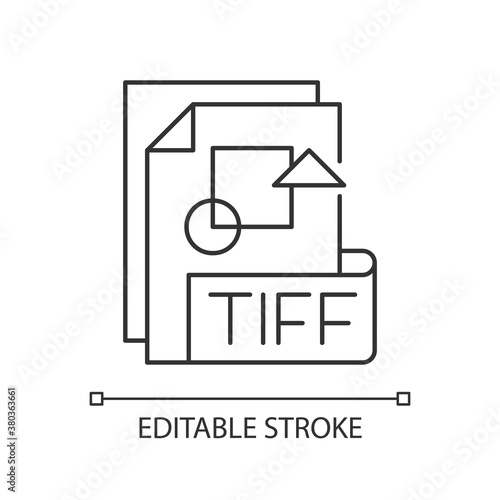 TIFF file pixel perfect linear icon. Tagged image file format. TIF. Professional photography. Thin line customizable illustration. Contour symbol. Vector isolated outline drawing. Editable stroke