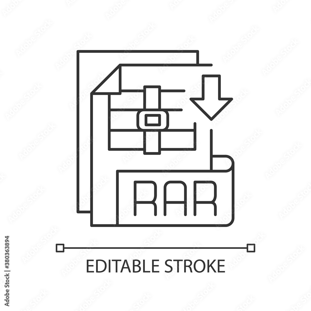 RAR file pixel perfect linear icon. Archive file format. File spanning. Archiver. Data container. Thin line customizable illustration. Contour symbol. Vector isolated outline drawing. Editable stroke