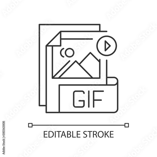 GIF file pixel perfect linear icon. Graphic interchange format. Lossless format. Gif picture. Thin line customizable illustration. Contour symbol. Vector isolated outline drawing. Editable stroke