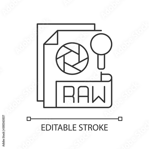 RAW file pixel perfect linear icon. Camera raw image file. File extension. Unedited state. Thin line customizable illustration. Contour symbol. Vector isolated outline drawing. Editable stroke